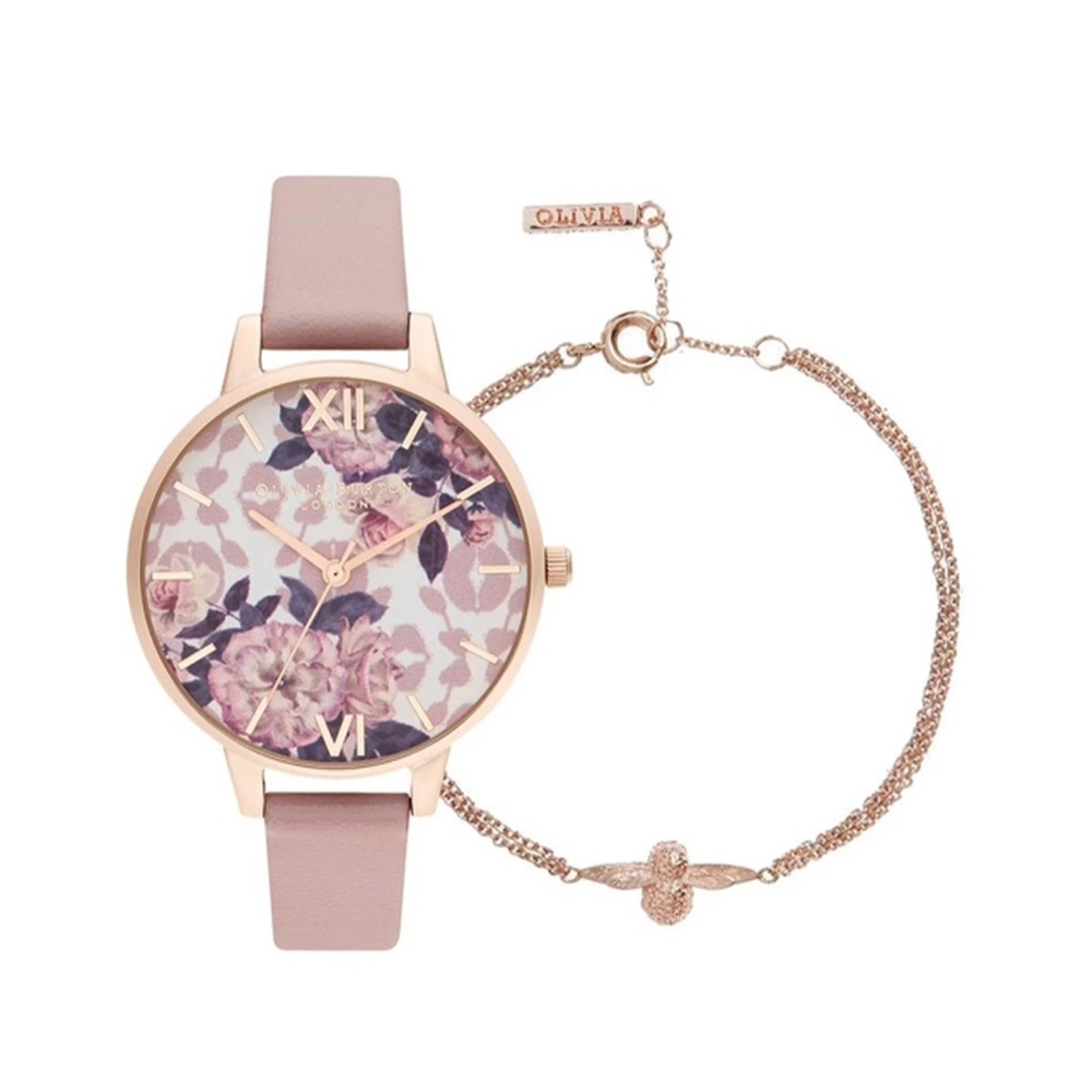 Olivia Burton Wildflower Women's Vegan Watch & 3D Bee Bracelet Gift Set, 34mm